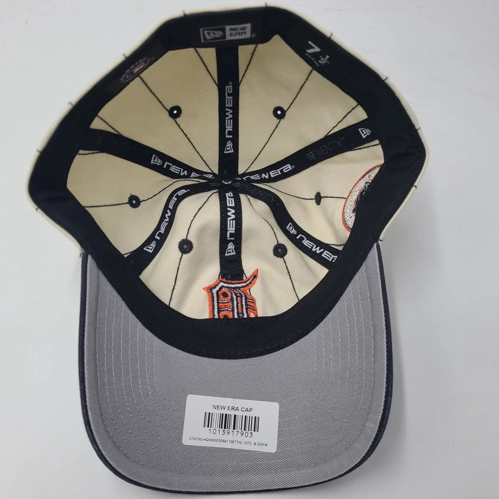 Detroit Tigers Hat Fitted 7 1/2 New Era 59Twenty Beige Blue MLB Pinstripes Men